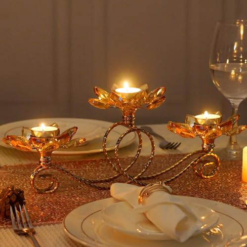 kehail 2Pcs Gold Kehail Crystal Metal Tea Light Candle Holder Set, 3-Arm Flower Shaped Crystal Votive Candlestick Holders for Table Centerpiece, Wedding Shower, Party and Home Decor - Image 4