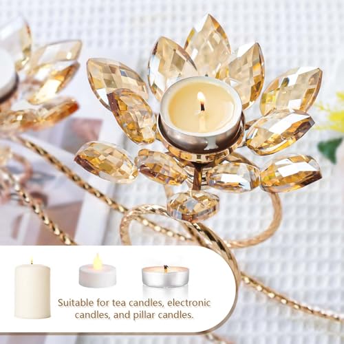 kehail 2Pcs Gold Kehail Crystal Metal Tea Light Candle Holder Set, 3-Arm Flower Shaped Crystal Votive Candlestick Holders for Table Centerpiece, Wedding Shower, Party and Home Decor - Image 5