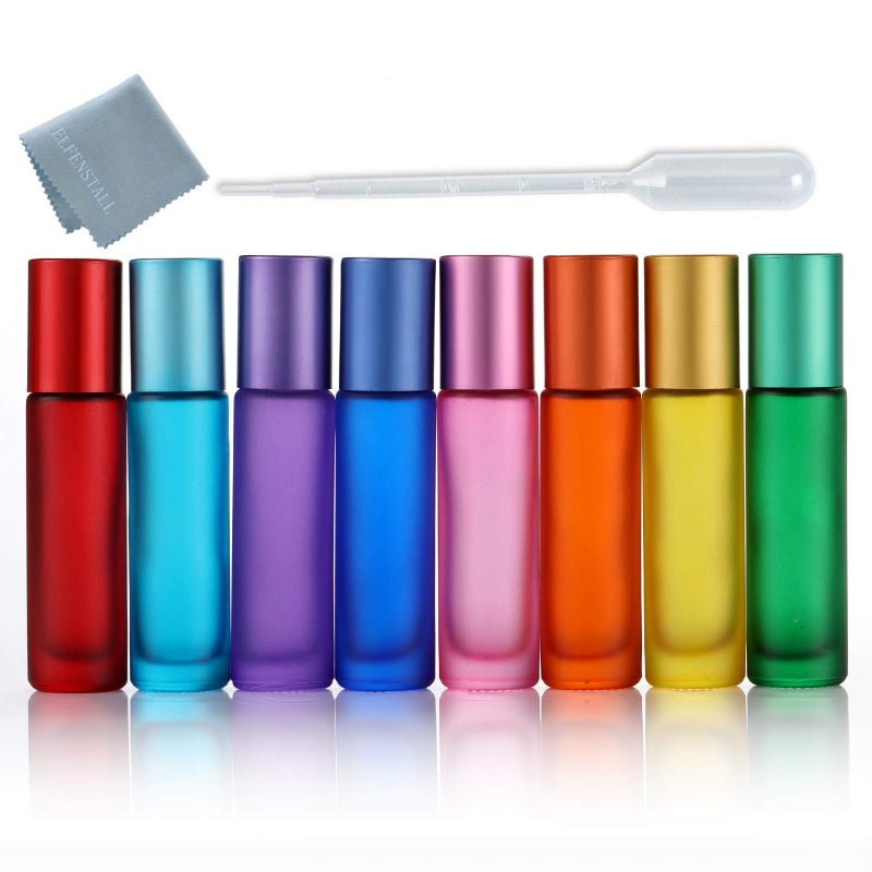 Elfenstall 8Pcs 10ml 13oz Highgrade Colorful Frosted Roll on Bottles Thick Glass Massage Roller Bottles Tube Vials Containers for Essential Oils Aromatherapy Perfumes Lip Balms 1pc 3ml Dropper