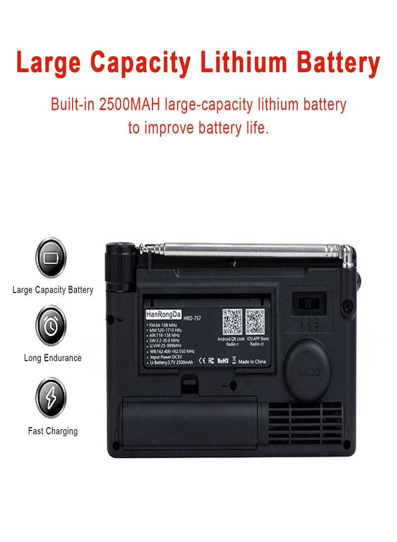 هان رونغدا راديو HanRongDa HRD-757 متعدد النطاقات FM AM MW SW V.UHF AIR WB محمول مع تحكم بالتطبيق BT TF مشغل موسيقى SOS منبه مصباح يدوي ساعة منبه - Image 4