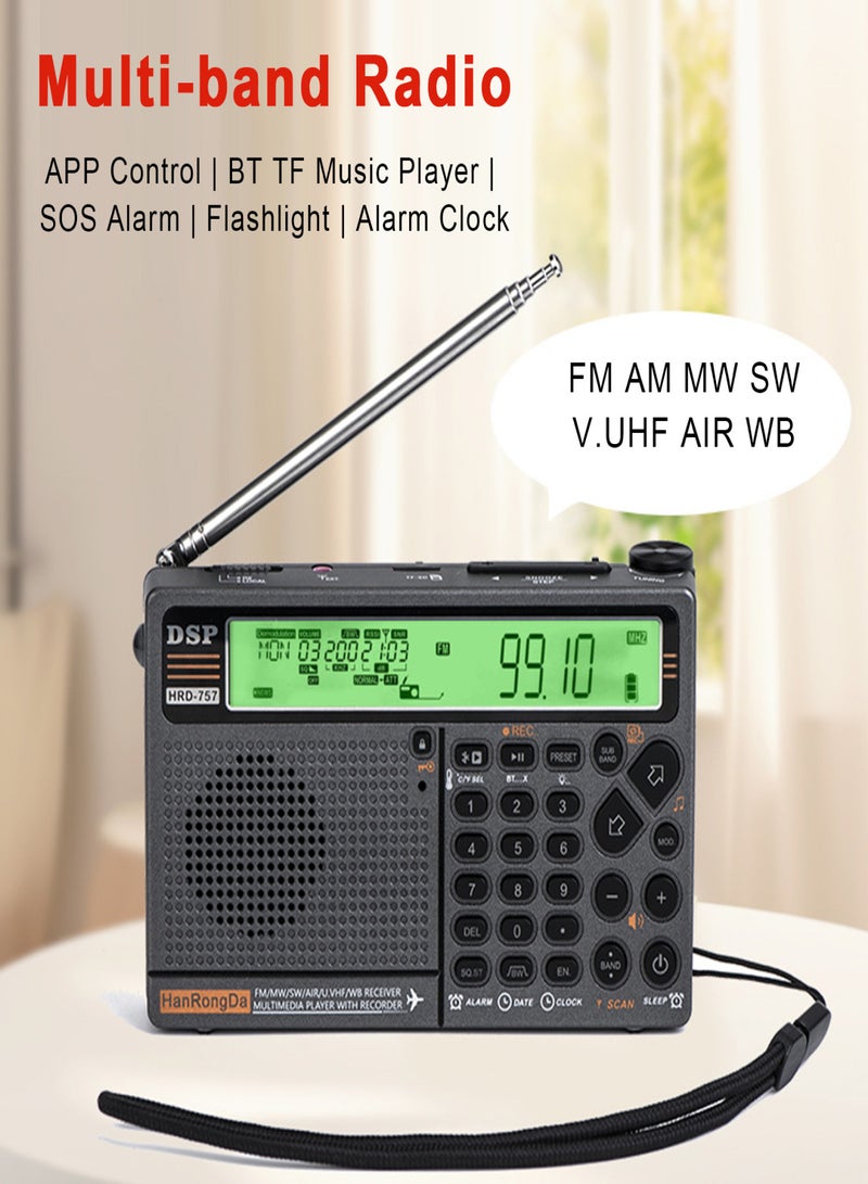 هان رونغدا راديو HanRongDa HRD-757 متعدد النطاقات FM AM MW SW V.UHF AIR WB محمول مع تحكم بالتطبيق BT TF مشغل موسيقى SOS منبه مصباح يدوي ساعة منبه - Image 5