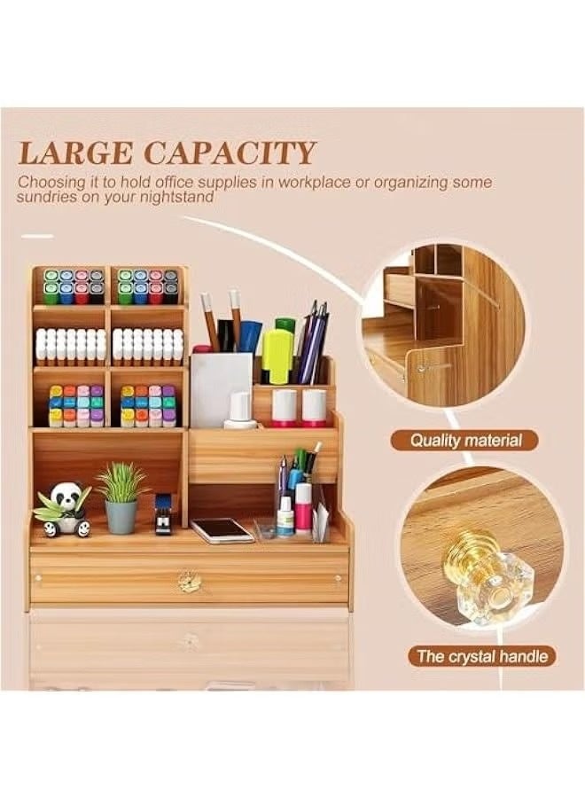 Wooden Desk Organizer, Office Desk Organizer with Drawer, Pen Holder for Multifunctional Desk, Pen Holder for Office Home School Pens (Brown) - Image 2