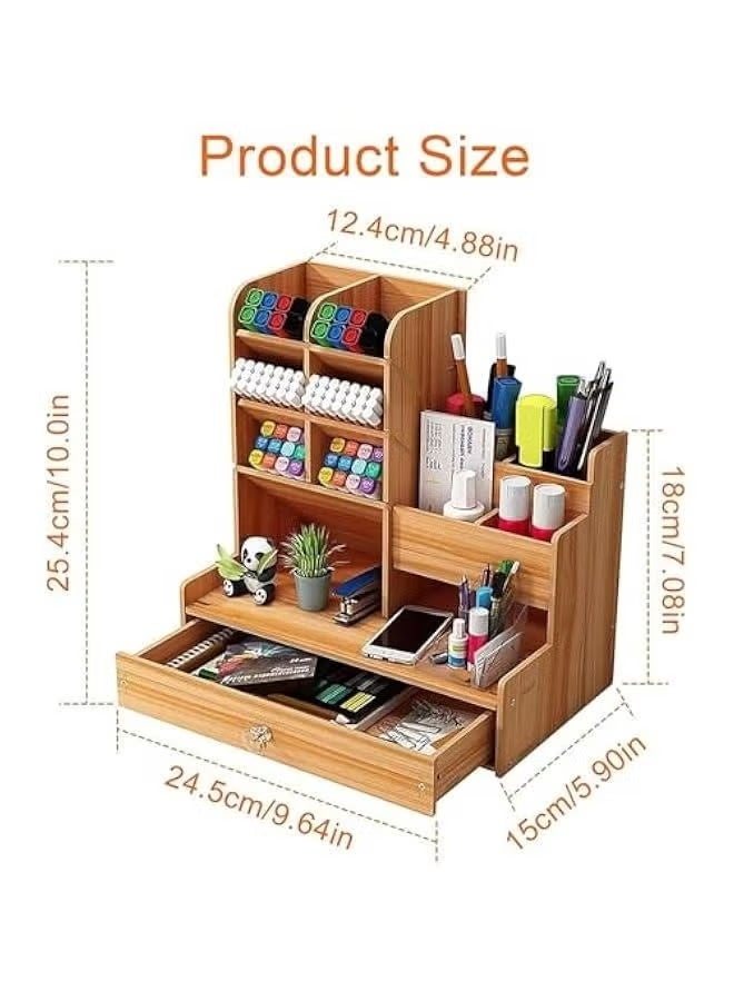 Wooden Desk Organizer, Office Desk Organizer with Drawer, Pen Holder for Multifunctional Desk, Pen Holder for Office Home School Pens (Brown) - Image 3