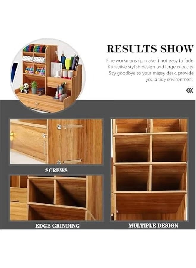 Wooden Desk Organizer, Office Desk Organizer with Drawer, Pen Holder for Multifunctional Desk, Pen Holder for Office Home School Pens (Brown) - Image 5