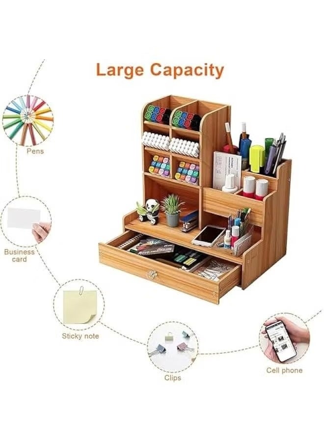 Wooden Desk Organizer, Office Desk Organizer with Drawer, Pen Holder for Multifunctional Desk, Pen Holder for Office Home School Pens (Brown) - Image 4