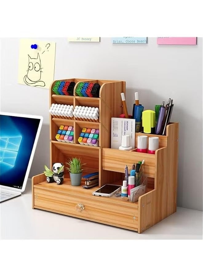 Wooden Desk Organizer, Office Desk Organizer with Drawer, Pen Holder for Multifunctional Desk, Pen Holder for Office Home School Pens (Brown) - Image 1
