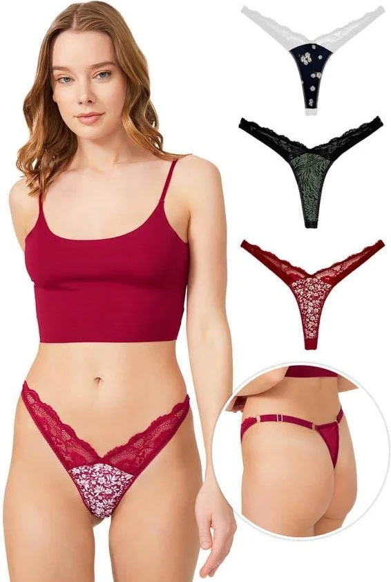 COTTONHILL Lace Laser Cut Patterned Women's Thong Panties 3 Pack