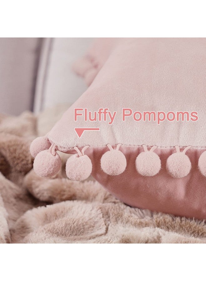 Topfinel Top Finel Blush Pink Throw Pillow Covers 18x18 Inches for Couch Aesthetic Decorative Sofa Pillow Covers Set of 2 Soft Velvet Cushion Cover Pillow Cases with Pom-poms for Bedroom Livingroom Office Car - Image 3