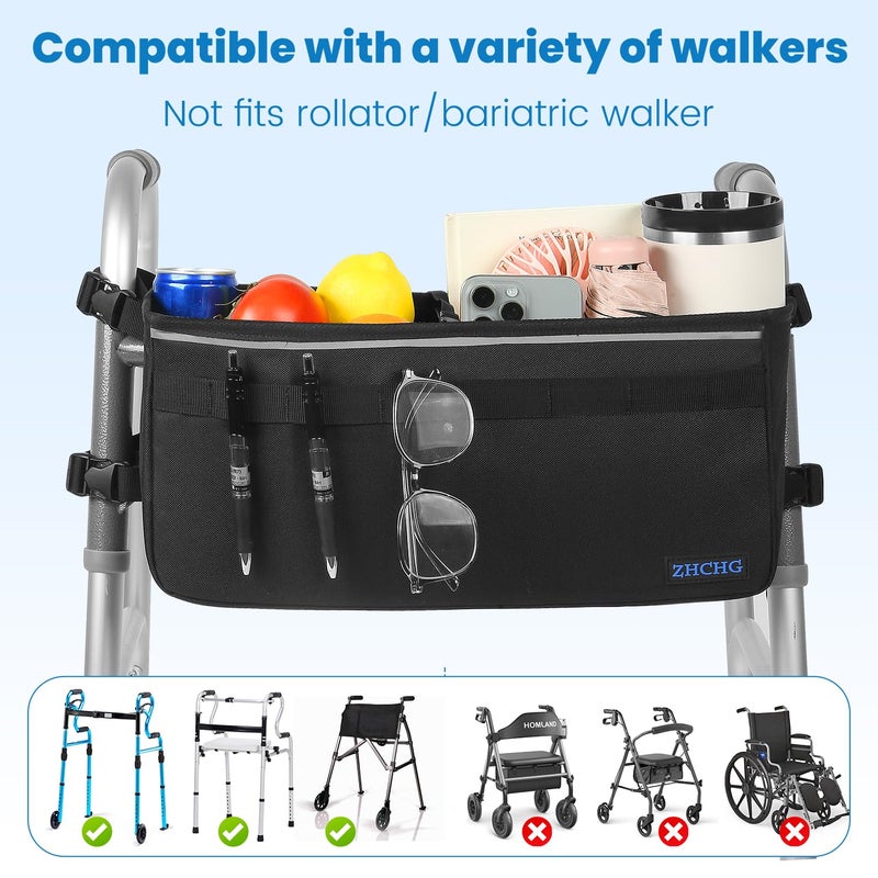 ZHCHG Walker Basket for Seniors, Walker Accessories, Folding Walker Bag with Large Capacity & Never Tipping Over, Best Gift- Black (Not Fit Rollator Walkers) - Image 5