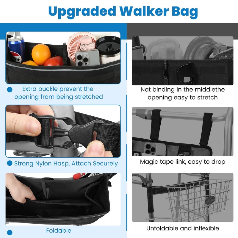 ZHCHG Walker Basket for Seniors, Walker Accessories, Folding Walker Bag with Large Capacity & Never Tipping Over, Best Gift- Black (Not Fit Rollator Walkers) - Image 3