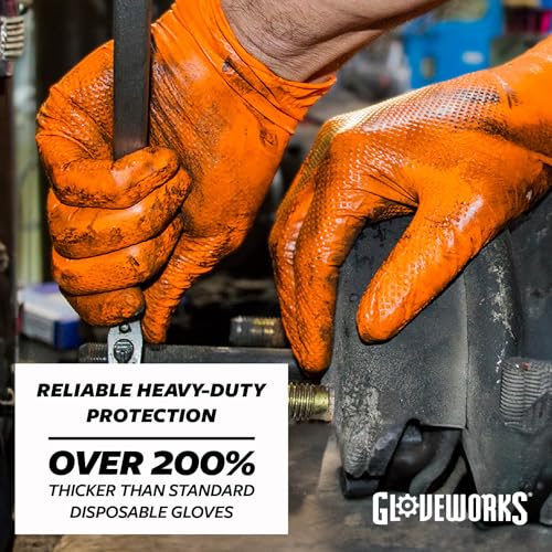 GLOVEWORKS Orange Nitrile Work Gloves 8 Mil Disposable Heavy Duty Raised Diamond Grip, Mechanic Glove, Medium, Box of 100 - Image 2