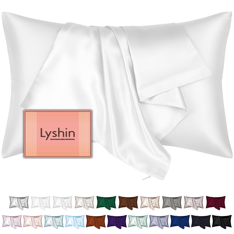LYSHIN Mulberry Silk Pillow Cases Queen Size with Hidden Zipper, Ultra Smooth and Soft Breathable Cooling Silk Satin Pillowcase for Hair and Skin, Gifts for Women Men (Pure White, 20x30 Inches, 1 Pack) - Image 1