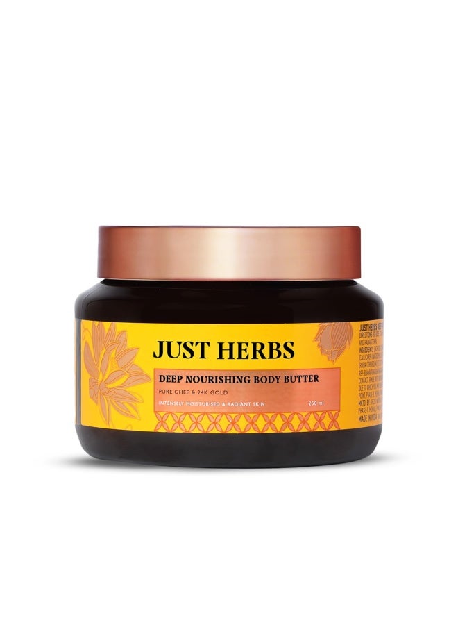 Just Herbs 24K Gold & Pure Ghee Deep Nourish Body Butter | Anti-Aging, Skin Firming & Brightening | For Dullness, Blemishes & Elasticity | Non-Sticky | 250ml - Image 1