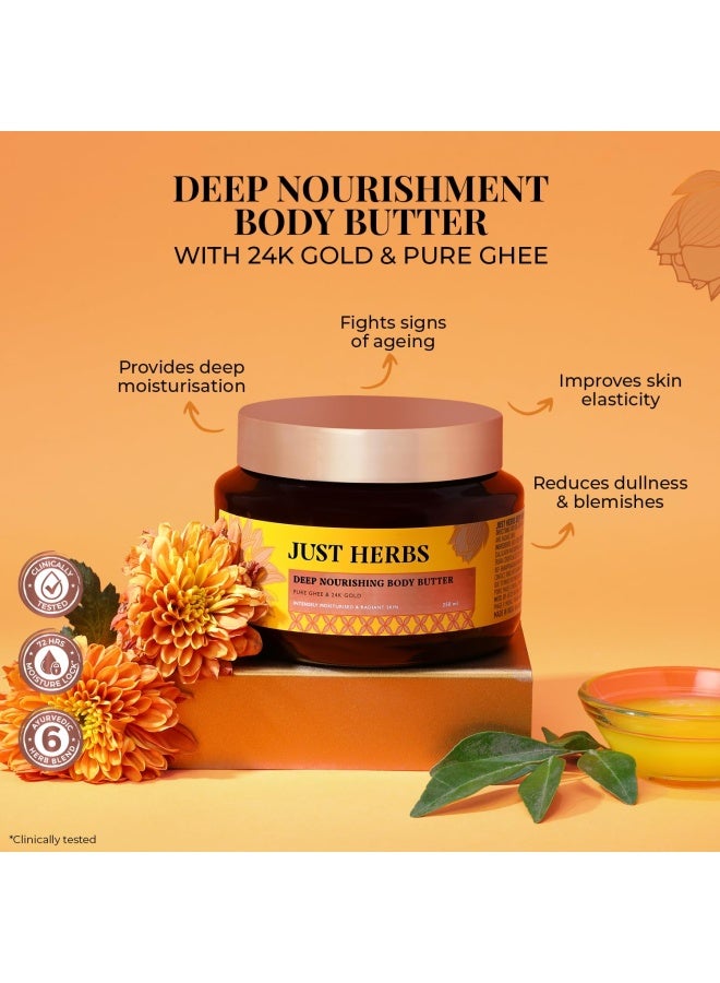 Just Herbs 24K Gold & Pure Ghee Deep Nourish Body Butter | Anti-Aging, Skin Firming & Brightening | For Dullness, Blemishes & Elasticity | Non-Sticky | 250ml - Image 3