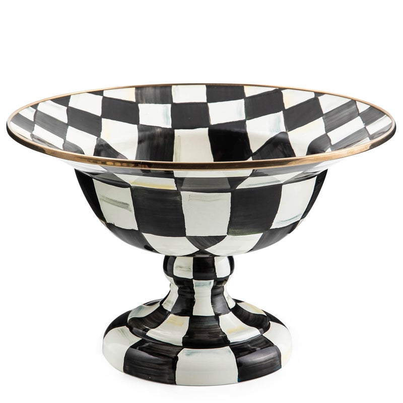 mackenzie childs MACKENZIECHILDS Enamel Compote Cute Enamel Pedestal Serving Dish or Decorative Bowl Large BlackandWhite Courtly Check