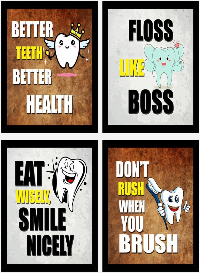 AR Creative Better Teeth, Floss Like, Eat Wisely, Don't Rush, Dentist Clinic, Hospital Quotes, Health Quote Framed Wall Poster, Inspirational Quotes, Print with Frame, Home, Office Decor (10 inch x 10 inch), Set Of 4 - Image 1