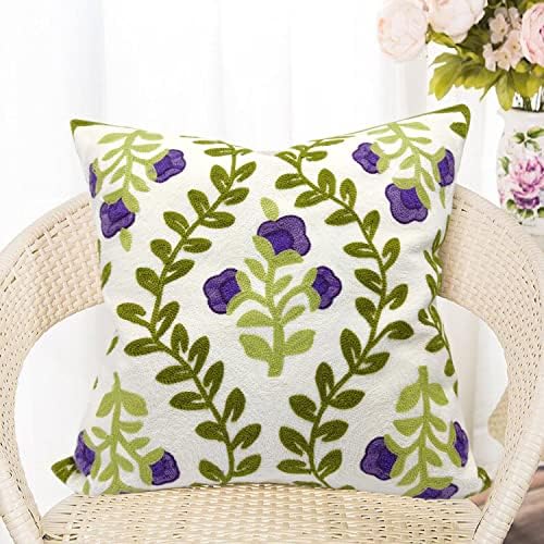 Alysheer Floral Embroidered Spring Decorative Throw Pillow Cover 18"x 18", Farmhouse Cottage Purple Flowers Green Leaves Knit Pattern Cotton Canvas Cushion Case for Sofa Couch Bed Living Room Decor - Image 3