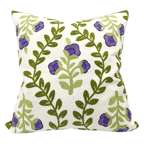 Alysheer Floral Embroidered Spring Decorative Throw Pillow Cover 18"x 18", Farmhouse Cottage Purple Flowers Green Leaves Knit Pattern Cotton Canvas Cushion Case for Sofa Couch Bed Living Room Decor - Image 1