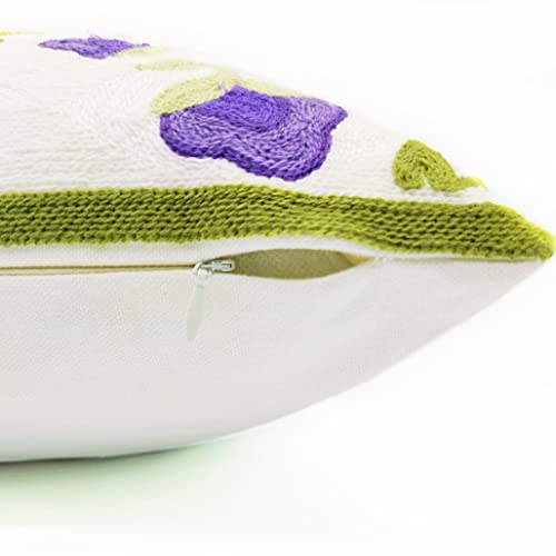 Alysheer Floral Embroidered Spring Decorative Throw Pillow Cover 18"x 18", Farmhouse Cottage Purple Flowers Green Leaves Knit Pattern Cotton Canvas Cushion Case for Sofa Couch Bed Living Room Decor - Image 5
