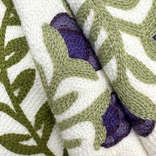 Alysheer Floral Embroidered Spring Decorative Throw Pillow Cover 18"x 18", Farmhouse Cottage Purple Flowers Green Leaves Knit Pattern Cotton Canvas Cushion Case for Sofa Couch Bed Living Room Decor - Image 4