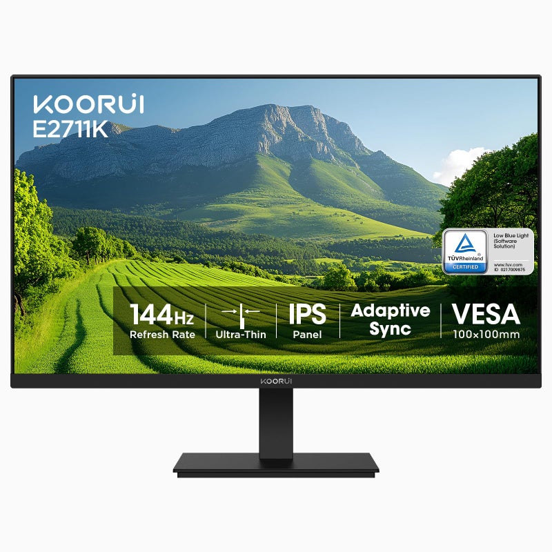 KOORUI 27 Inch Gaming Office Monitor 144Hz IPS Display, FHD 1080P with FreeSync, Eye Care TÃœV Rheinland Certified with Slim Bezels, HDMI VGA Ports, Ergonomic Tilt, VESA Mount, Black - Image 1