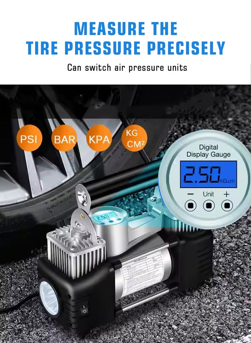 HomarKet Car Tire Inflator Portable Digital Air Compressor,DC12V Cord Air Pump with Heavy Duty Double 30mm Cylinder/Auto Stop/LED Light/Metal Handle/Toolboxes,Pressure Gauge Cycle Tyre Inflator - Professional for SUV, Off-Road, Trucks - Image 5