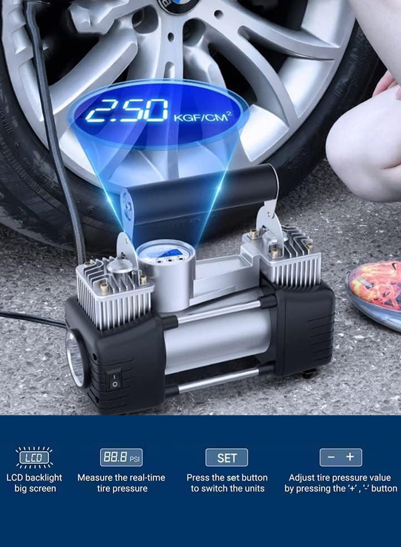 HomarKet Car Tire Inflator Portable Digital Air Compressor,DC12V Cord Air Pump with Heavy Duty Double 30mm Cylinder/Auto Stop/LED Light/Metal Handle/Toolboxes,Pressure Gauge Cycle Tyre Inflator - Professional for SUV, Off-Road, Trucks - Image 3