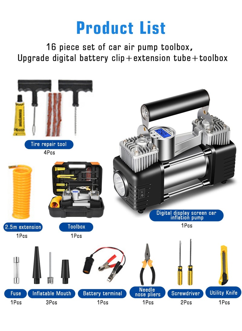 HomarKet Car Tire Inflator Portable Digital Air Compressor,DC12V Cord Air Pump with Heavy Duty Double 30mm Cylinder/Auto Stop/LED Light/Metal Handle/Toolboxes,Pressure Gauge Cycle Tyre Inflator - Professional for SUV, Off-Road, Trucks - Image 2