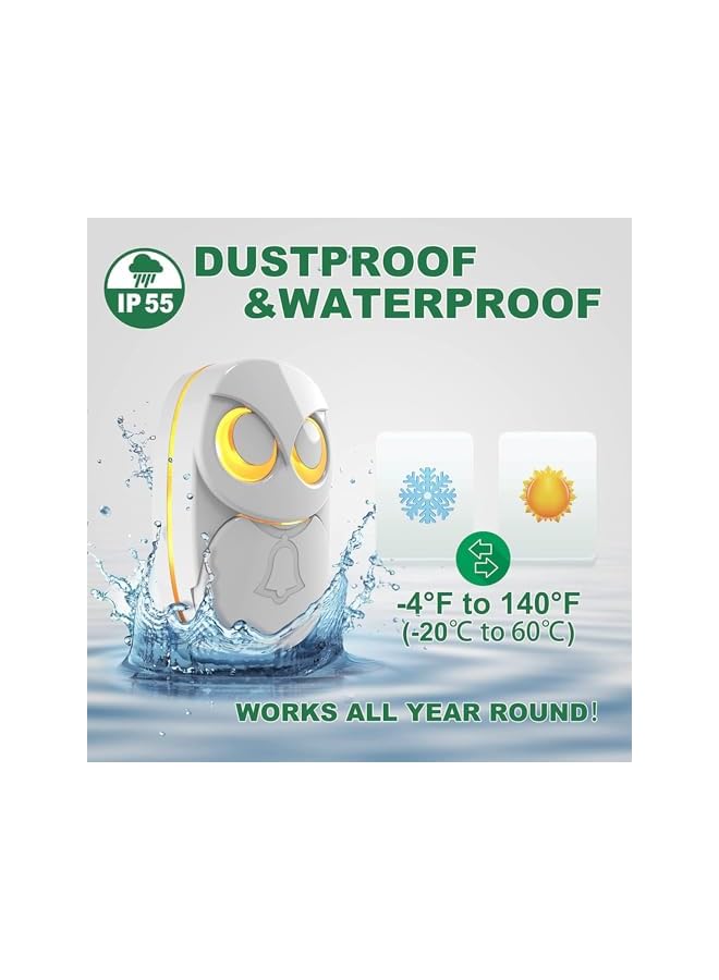 promass Wireless Doorbell, Cute Owl Doorbell Weatherproof IP55 Outdoor Remote Push Button- 1000 Feet Long Wireless Range, 1 Receiver + 1 Transmitter (White) - Image 5
