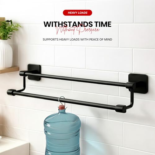 MIORAH Self Adhesive Aluminium Towel Holder for Bathroom | Wall Mounted Towel Hanger & Towel Rod | Rust - Free Powder Coated Bathroom Accessories | Space Saving Towel Rack Stand for Home Black - Image 4