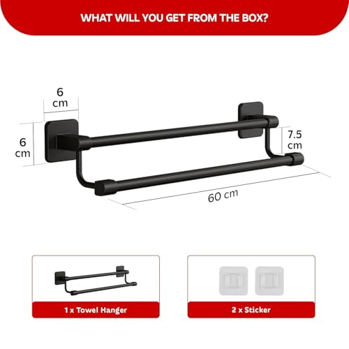 MIORAH Self Adhesive Aluminium Towel Holder for Bathroom | Wall Mounted Towel Hanger & Towel Rod | Rust - Free Powder Coated Bathroom Accessories | Space Saving Towel Rack Stand for Home Black - Image 2