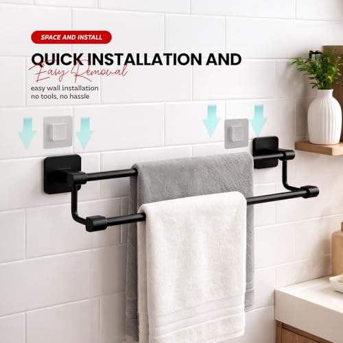 MIORAH Self Adhesive Aluminium Towel Holder for Bathroom | Wall Mounted Towel Hanger & Towel Rod | Rust - Free Powder Coated Bathroom Accessories | Space Saving Towel Rack Stand for Home Black - Image 5