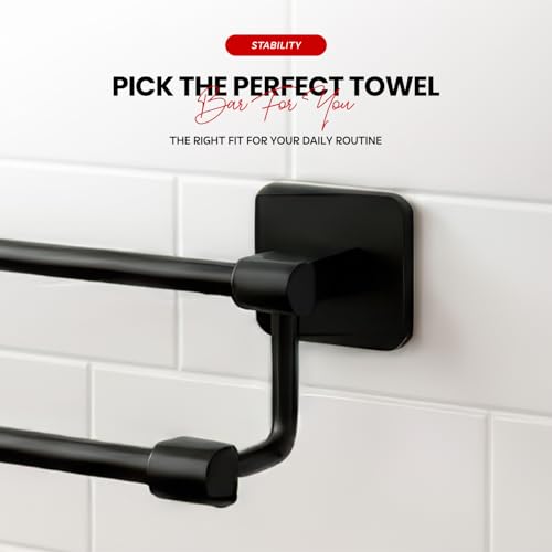 MIORAH Self Adhesive Aluminium Towel Holder for Bathroom | Wall Mounted Towel Hanger & Towel Rod | Rust - Free Powder Coated Bathroom Accessories | Space Saving Towel Rack Stand for Home Black - Image 3
