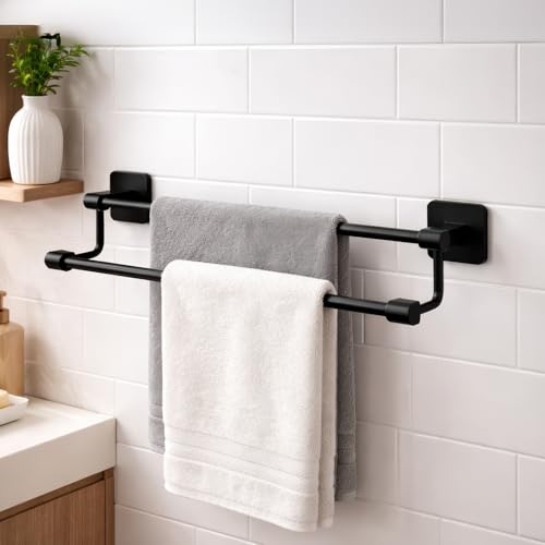 MIORAH Self Adhesive Aluminium Towel Holder for Bathroom | Wall Mounted Towel Hanger & Towel Rod | Rust - Free Powder Coated Bathroom Accessories | Space Saving Towel Rack Stand for Home Black - Image 1