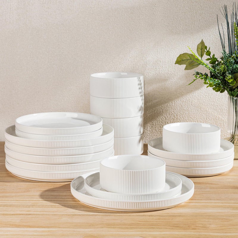 TheTerra Ceramic Dinnerware Sets for 6, 18 Pieces Porcelain Lightweight Plates and Bowls Sets, Scratch Resistant Dish Set, Oven & Microwave & Dishwasher Safe, Bright White - Image 1