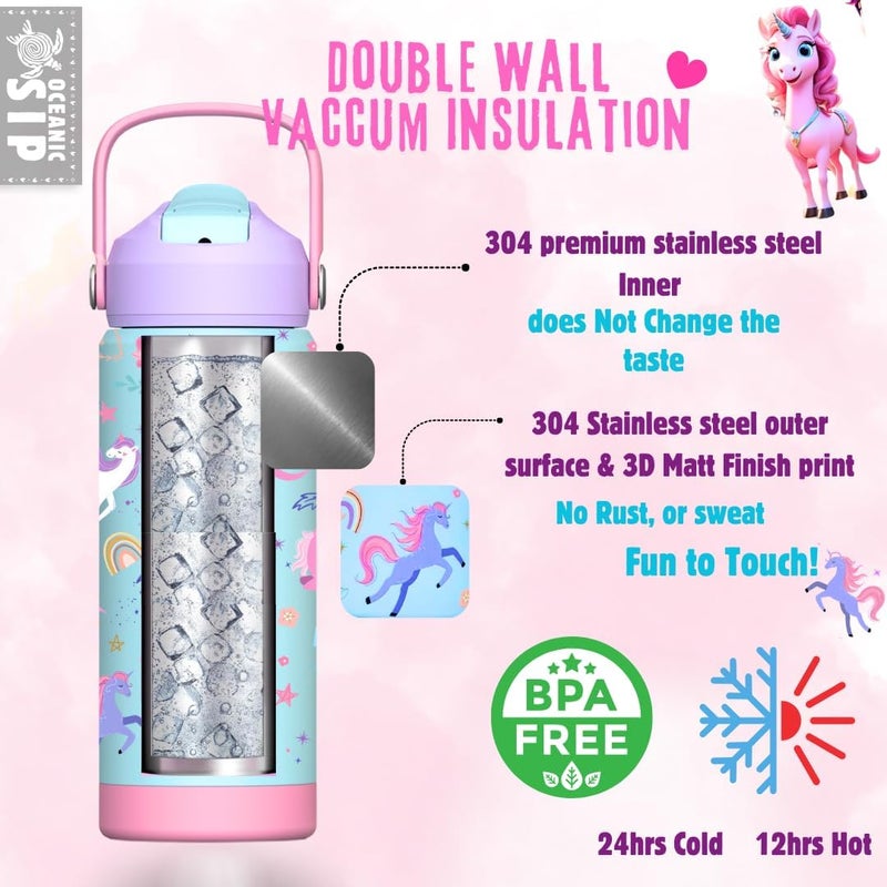 OCEANIC Stainless Steel Water Bottle 550ml 18oz Double-Wall Vacuum Insulated 304 Stainless steel Water Bottle BPA FREE Leak Proof (Unicorn 550ml) Flexible use switching - Image 4