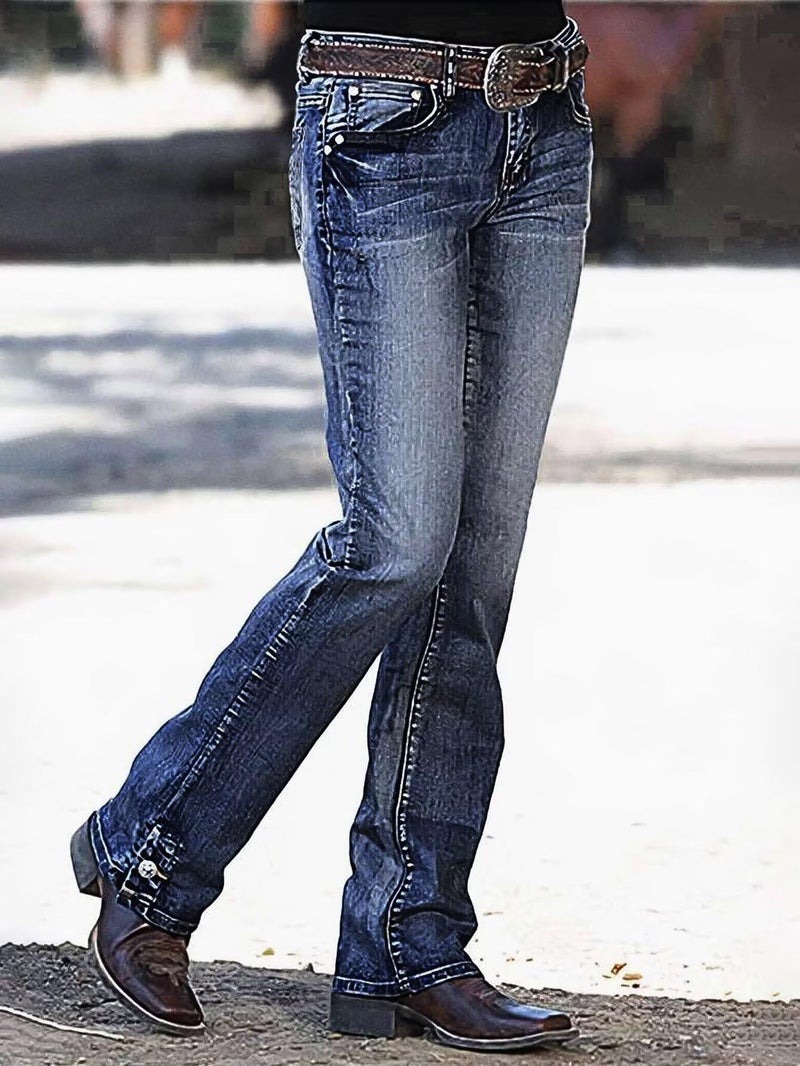 Flamingals Boot Cut Jeans for Women Mid Waist Straight Leg Jeans Trendy Jeans Denim Pants Dark Blue 2XL - Image 3