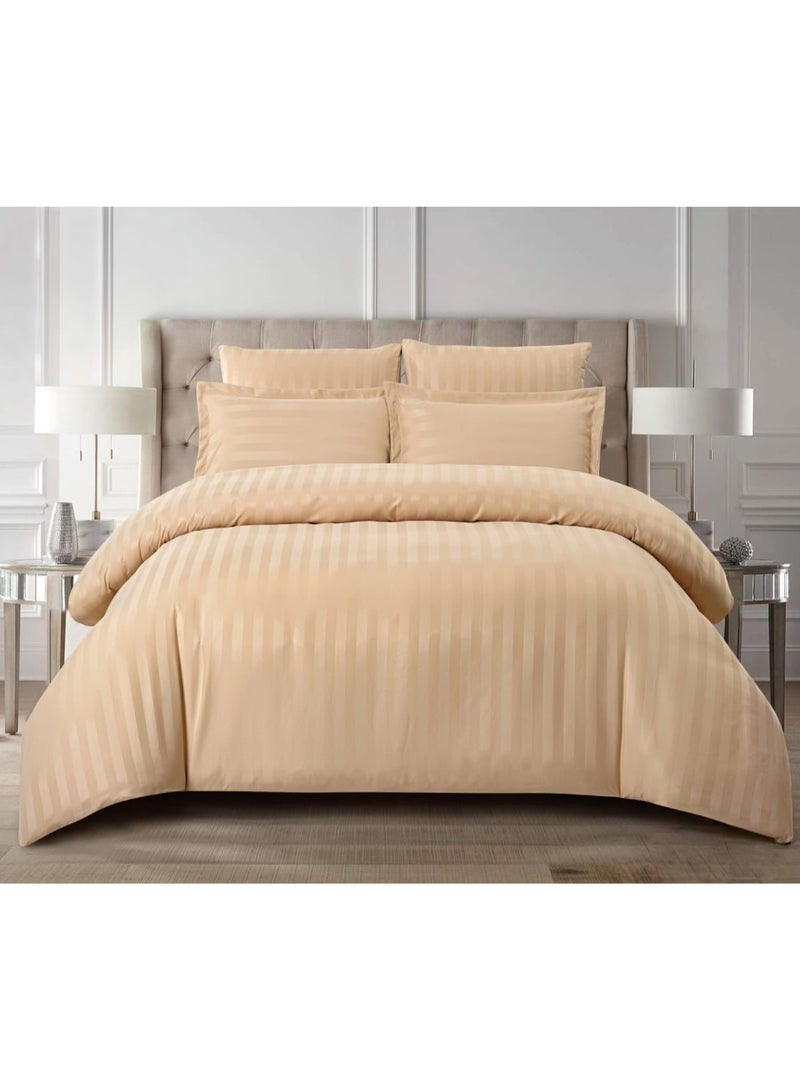 AKD Hotel Neferin Striped Comforter Set 7-Piece Twin Size Bed Damask Pattern with Removable Covers and Microfiber Replacement Filling, French Oak - Image 1