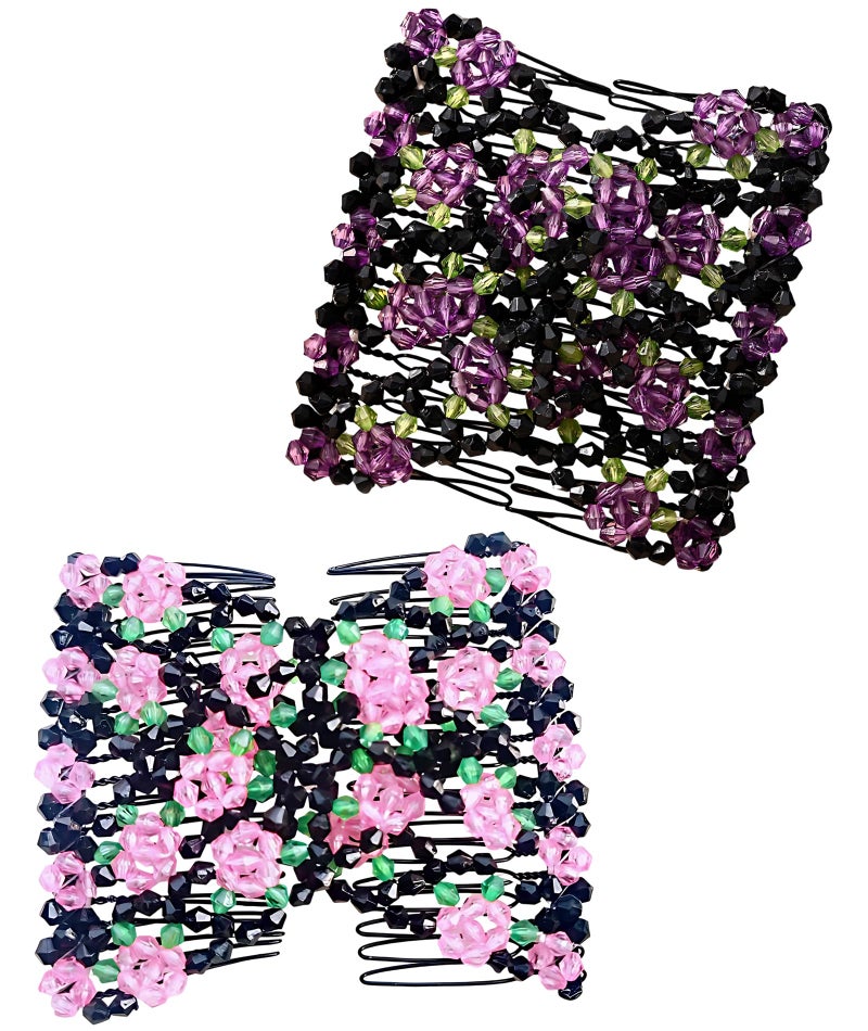 KalamkariX 2PCS Magic Hair Comb Clip, Stretchy Double Row Hair Clips, Fixed Long Curly Thick Hair, Hair Styling Accessories for Women, Purple and Pink - Image 1