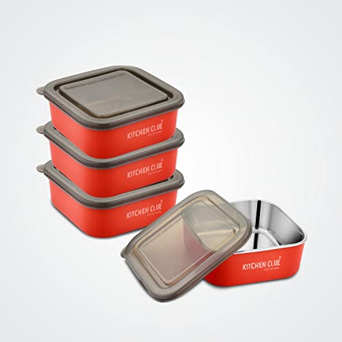 KITCHEN CLUE Stainless Steel Lunch Container/Microwave Safe Re-Heating Boxes - Pack of 4 Pcs, 800 ML Each - Airtight & Leak-Proof Lids - Black Transparent Lids - Kitchen Utility Storage Containers - Image 1