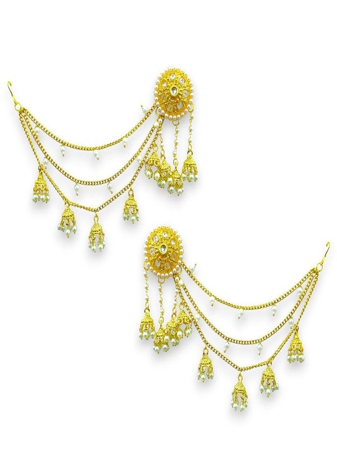 ACCESSHER Women's & Girls Gold-Tone Long Kundan Dangler Jhumka Earrings with Multilayer Jhumki & Pearl Hair Chain, Ear Chain Supporter Earrings Jeweller for Wedding - Image 1