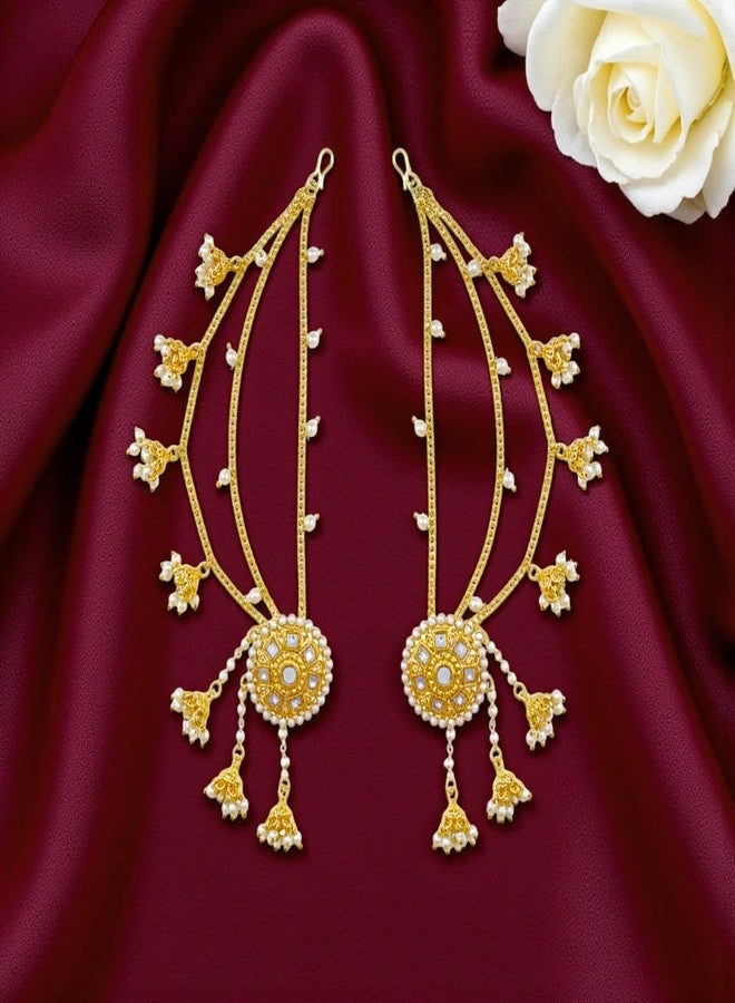 ACCESSHER Women's & Girls Gold-Tone Long Kundan Dangler Jhumka Earrings with Multilayer Jhumki & Pearl Hair Chain, Ear Chain Supporter Earrings Jeweller for Wedding - Image 4