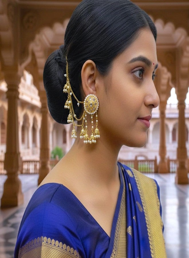 ACCESSHER Women's & Girls Gold-Tone Long Kundan Dangler Jhumka Earrings with Multilayer Jhumki & Pearl Hair Chain, Ear Chain Supporter Earrings Jeweller for Wedding - Image 5