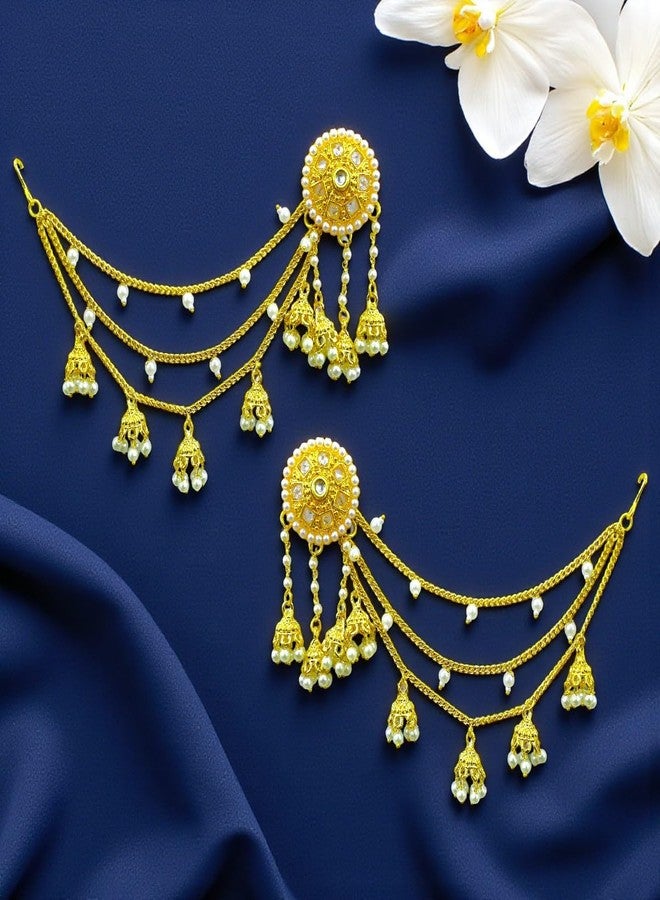 ACCESSHER Women's & Girls Gold-Tone Long Kundan Dangler Jhumka Earrings with Multilayer Jhumki & Pearl Hair Chain, Ear Chain Supporter Earrings Jeweller for Wedding - Image 3