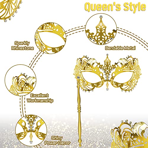 IncreDecor Masquerade Mask for Women with Stick Gold Shiny Metal Masks for Mardi Gras Venetian Prom Halloween Costume Party - Image 3