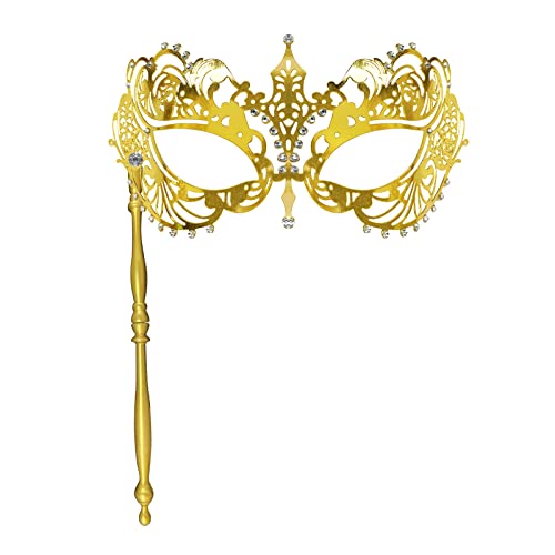 IncreDecor Masquerade Mask for Women with Stick Gold Shiny Metal Masks for Mardi Gras Venetian Prom Halloween Costume Party - Image 1