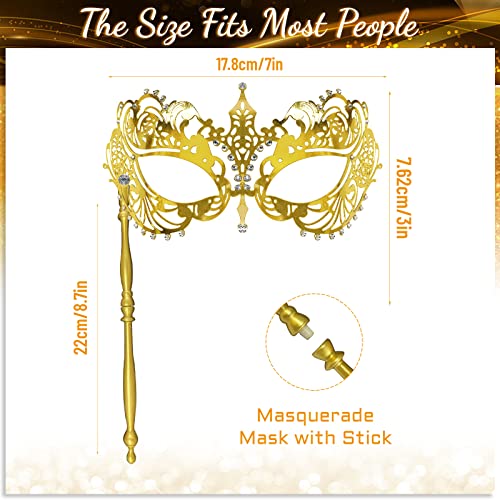 IncreDecor Masquerade Mask for Women with Stick Gold Shiny Metal Masks for Mardi Gras Venetian Prom Halloween Costume Party - Image 2