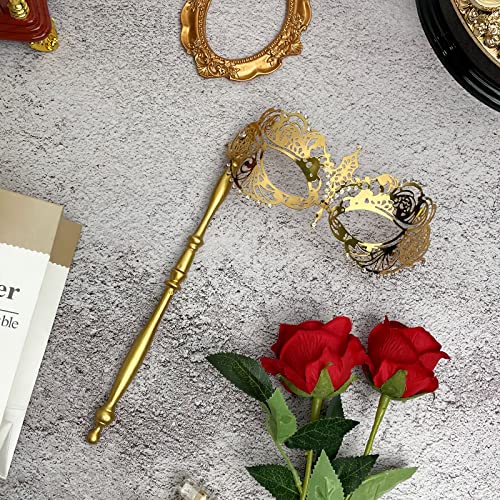 IncreDecor Masquerade Mask for Women with Stick Gold Shiny Metal Masks for Mardi Gras Venetian Prom Halloween Costume Party - Image 4