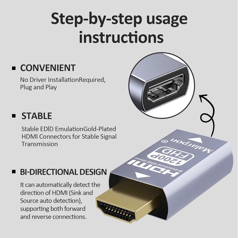 Malarpon Hdmi Edid Emulator Passthrough 3rd Generrtion Aluminum fit Headlesskeep The EDID of The Monitor Active Switches and Extenders 1920x1200@59Hz 2P - Image 2