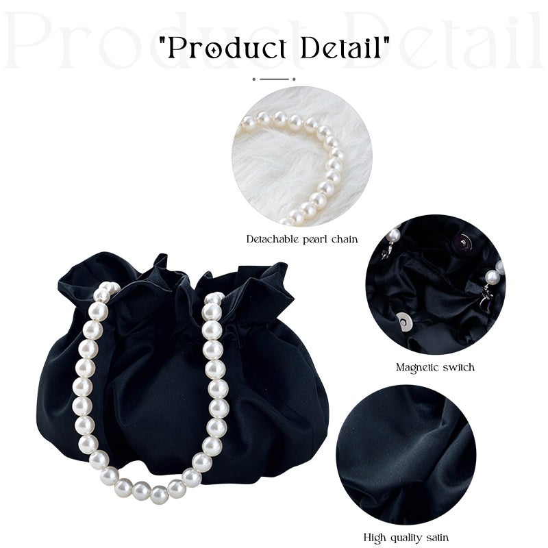 JAMBHALA Small Wristlet Purses Mini Bucket Bag Women Hobo Bag with Faux Pearl Chain (Black) - Image 5
